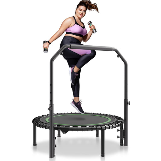 Foldable Mini Trampoline 40 Inch Fitness Rebounder Max Load 330lbs Exercise Trampoline, Stable & Quiet Trampoline With 4 Level Height Adjustable Foam Handle, For Adults Indoor-Garden Workout