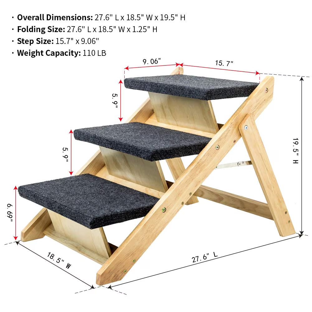 Wood Pet Stairs Pet Steps Foldable 3 Levels Dog Stairs Ramp Perfect For Beds And Cars Portable Dog Cat Ladder Up To 110 Pounds