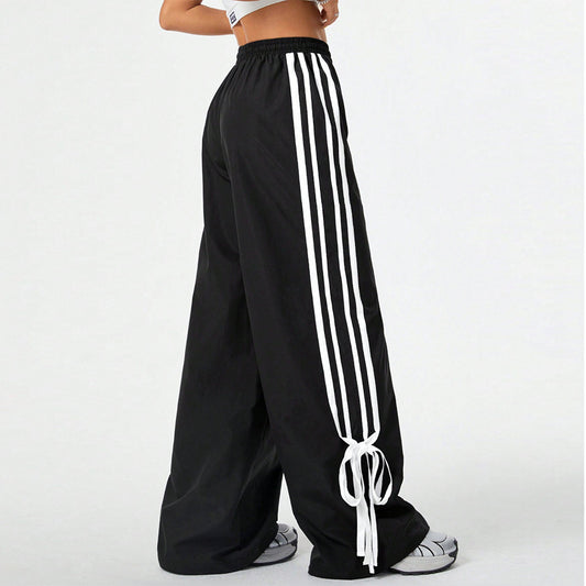 High Waist Wide Leg Pants Women's Spring Summer New Style Three Bars Drawstring Cuffed Straight Casual Extended Sports Trousers