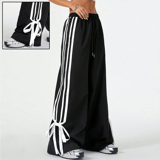 High Waist Wide Leg Pants Women's Spring Summer New Style Three Bars Drawstring Cuffed Straight Casual Extended Sports Trousers