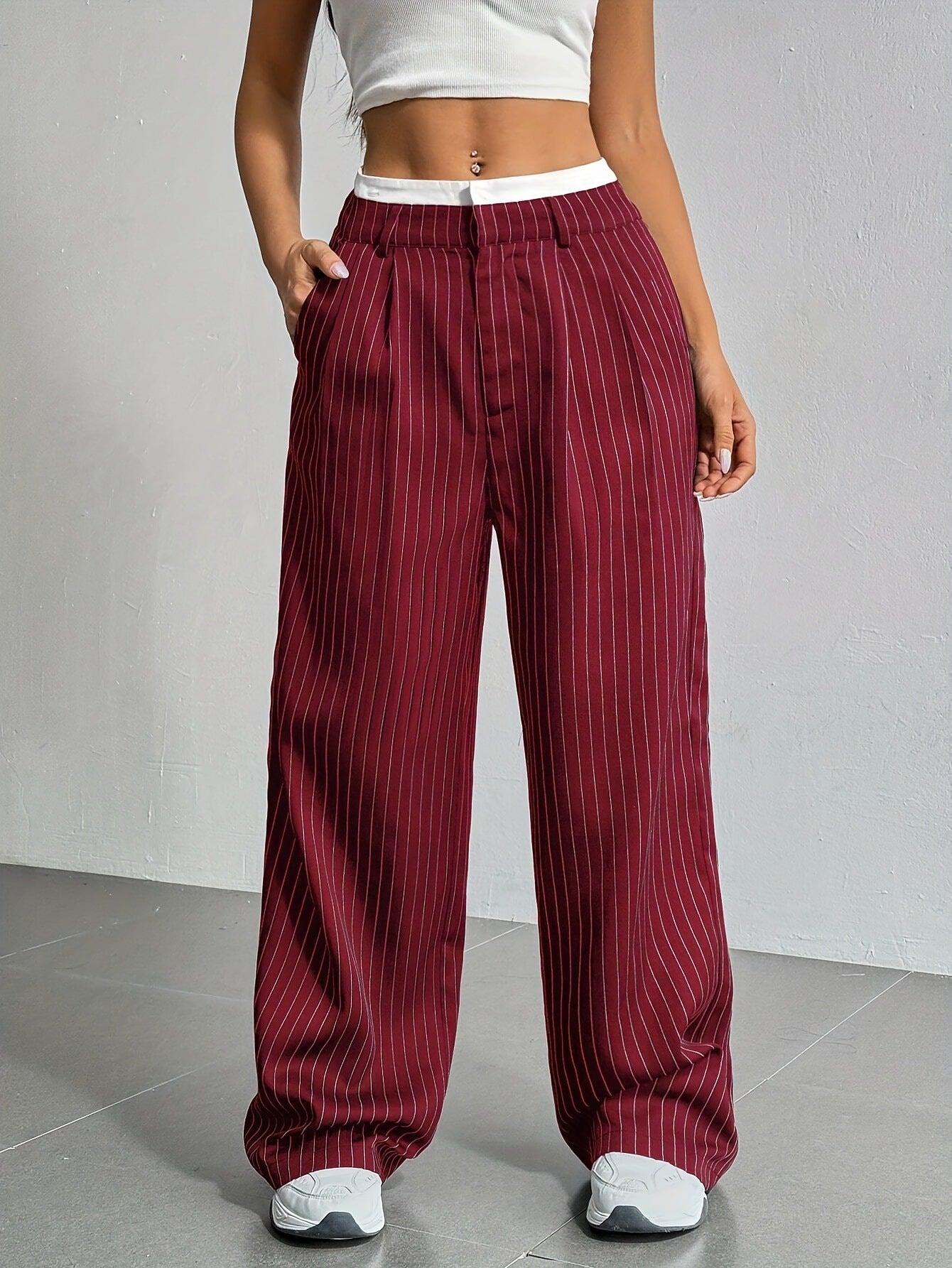 Stripe Printed Trousers Fashion High Waist Straight Leg Pants With Pocket Zipper Casual Suit Pants For Women