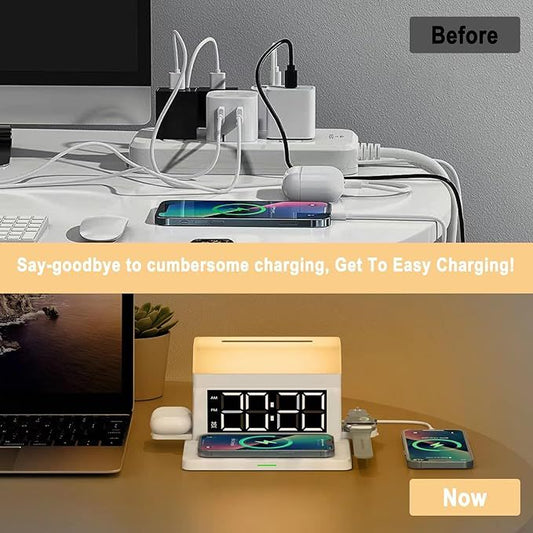 Digital LED Alarm Clock with Wireless Charger & Night Light โ Bedroom Smart Charging Station