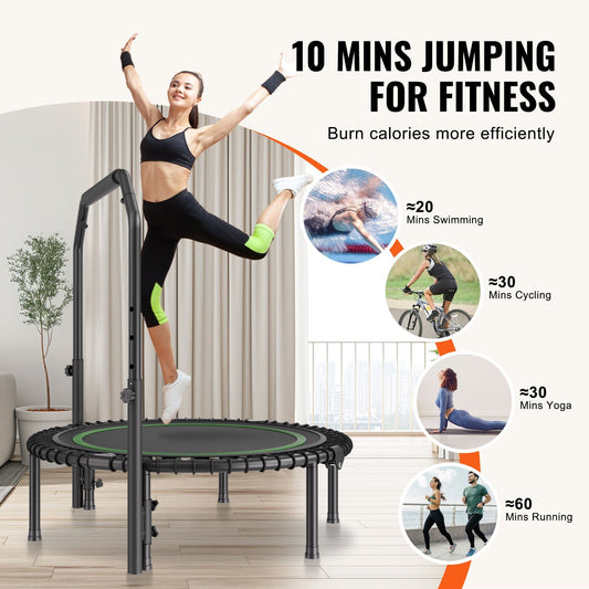 Foldable Mini Trampoline 40 Inch Fitness Rebounder Max Load 330lbs Exercise Trampoline, Stable & Quiet Trampoline With 4 Level Height Adjustable Foam Handle, For Adults Indoor-Garden Workout