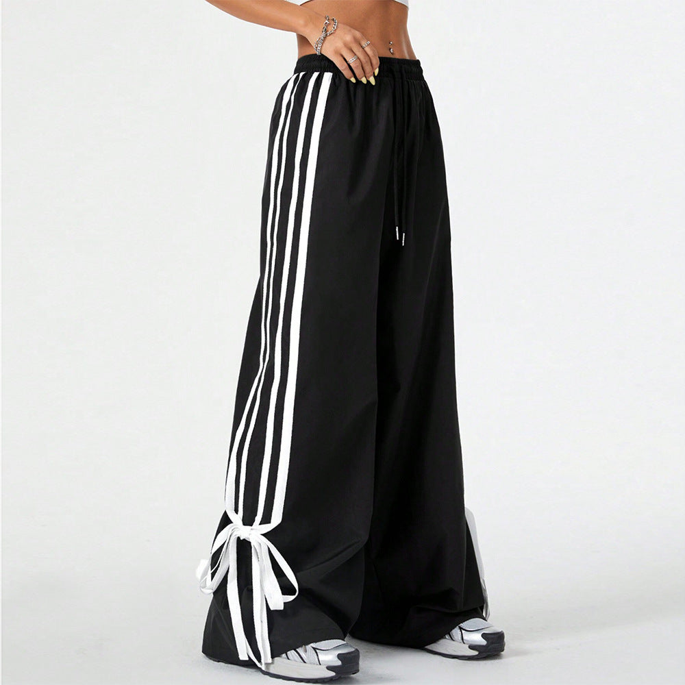 High Waist Wide Leg Pants Women's Spring Summer New Style Three Bars Drawstring Cuffed Straight Casual Extended Sports Trousers
