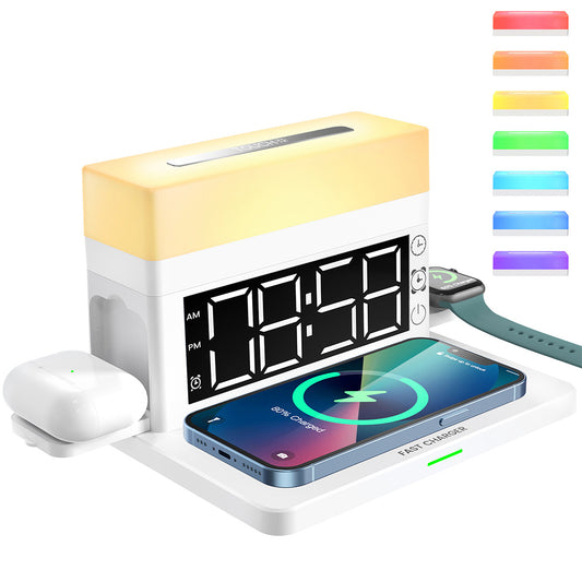 Digital LED Alarm Clock with Wireless Charger & Night Light – Bedroom Smart Charging Station