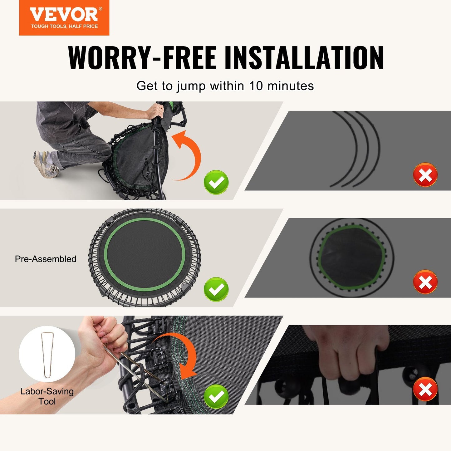 Foldable Mini Trampoline  40 Inch Fitness Rebounder  Max Load 330lbs Exercise Trampoline, Stable & Quiet Trampoline With 4 Level Height Adjustable Foam Handle, For Adults Indoor-Garden Workout