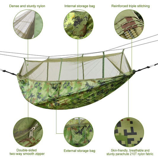 1Pc 600lbs Load 2 Persons Hammock With Mosquito Net Outdoor Hiking Camping Hommock Portable Nylon Swing Hanging Bed With Strap Hook Carry Bag