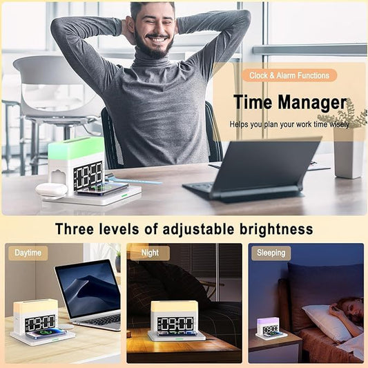 Digital LED Alarm Clock with Wireless Charger & Night Light – Bedroom Smart Charging Station