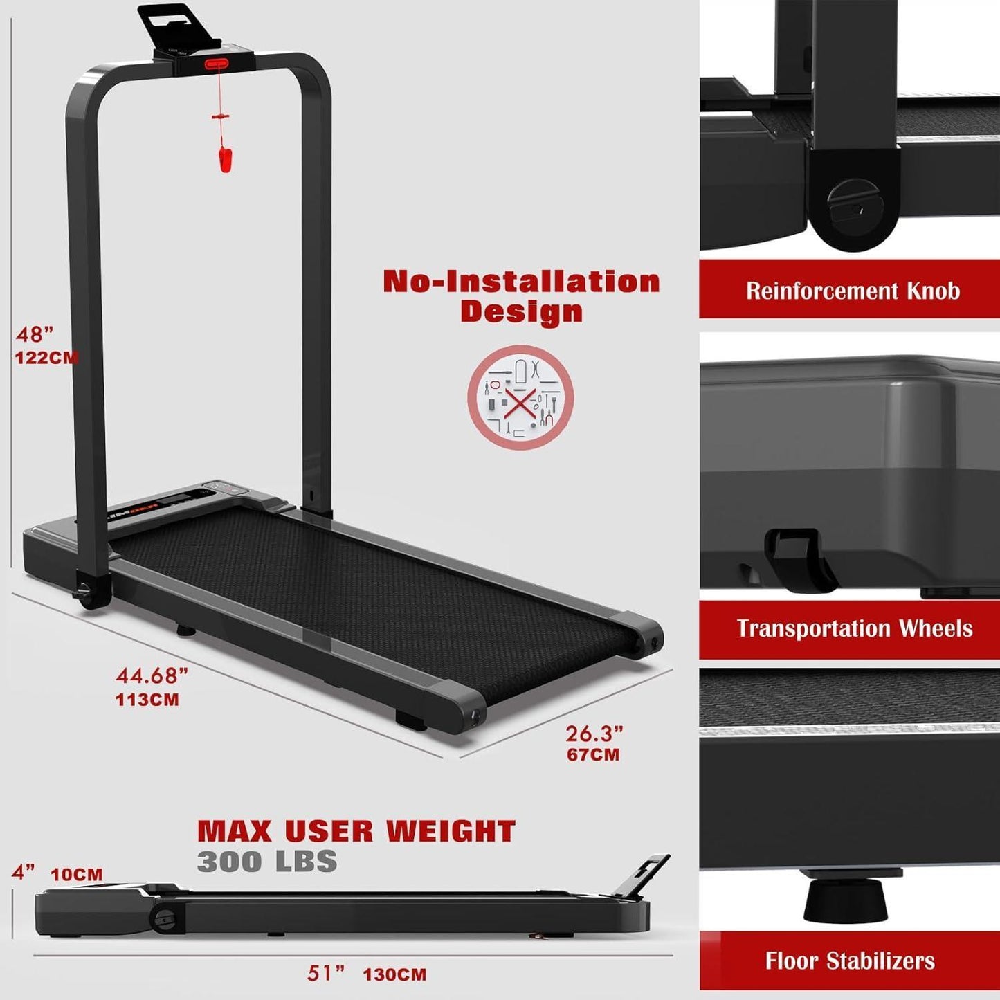 Walking Machine Under Desk Treadmill With Armrests 2.5 HP Foldable 300 Lbs Weight Capacity 15 Wide Running Belt Remote Control LED Display Suitable For Home And Office 12 Preset Programs