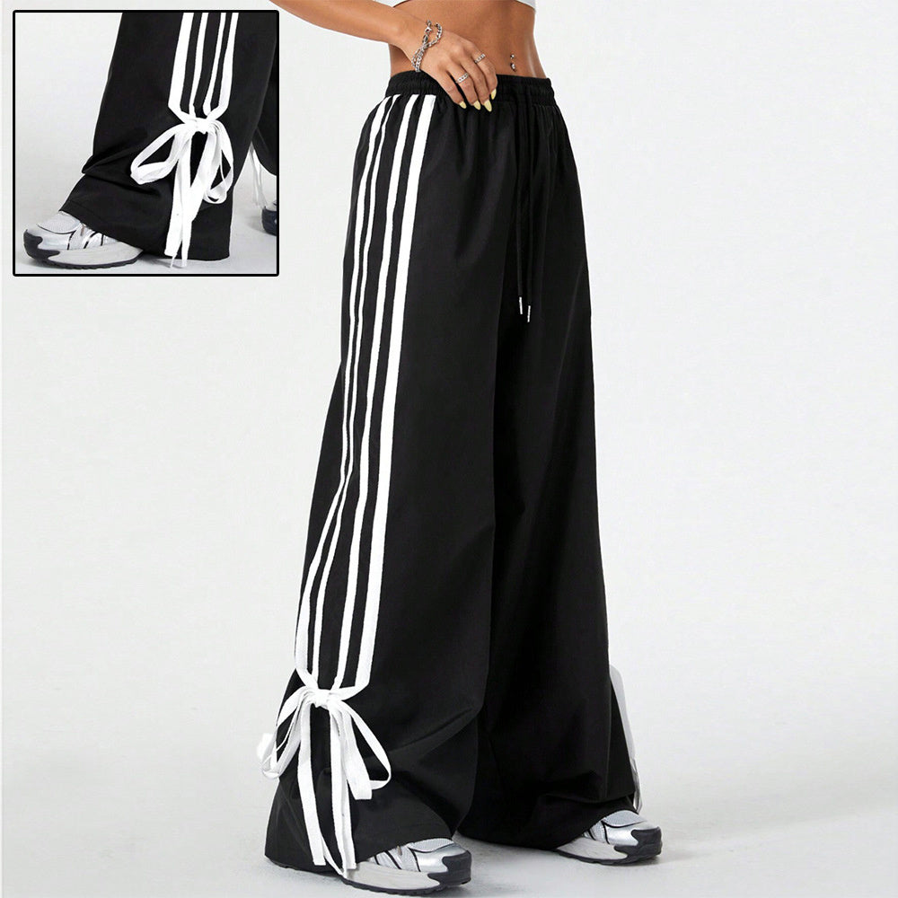 High Waist Wide Leg Pants Women's Spring Summer New Style Three Bars Drawstring Cuffed Straight Casual Extended Sports Trousers