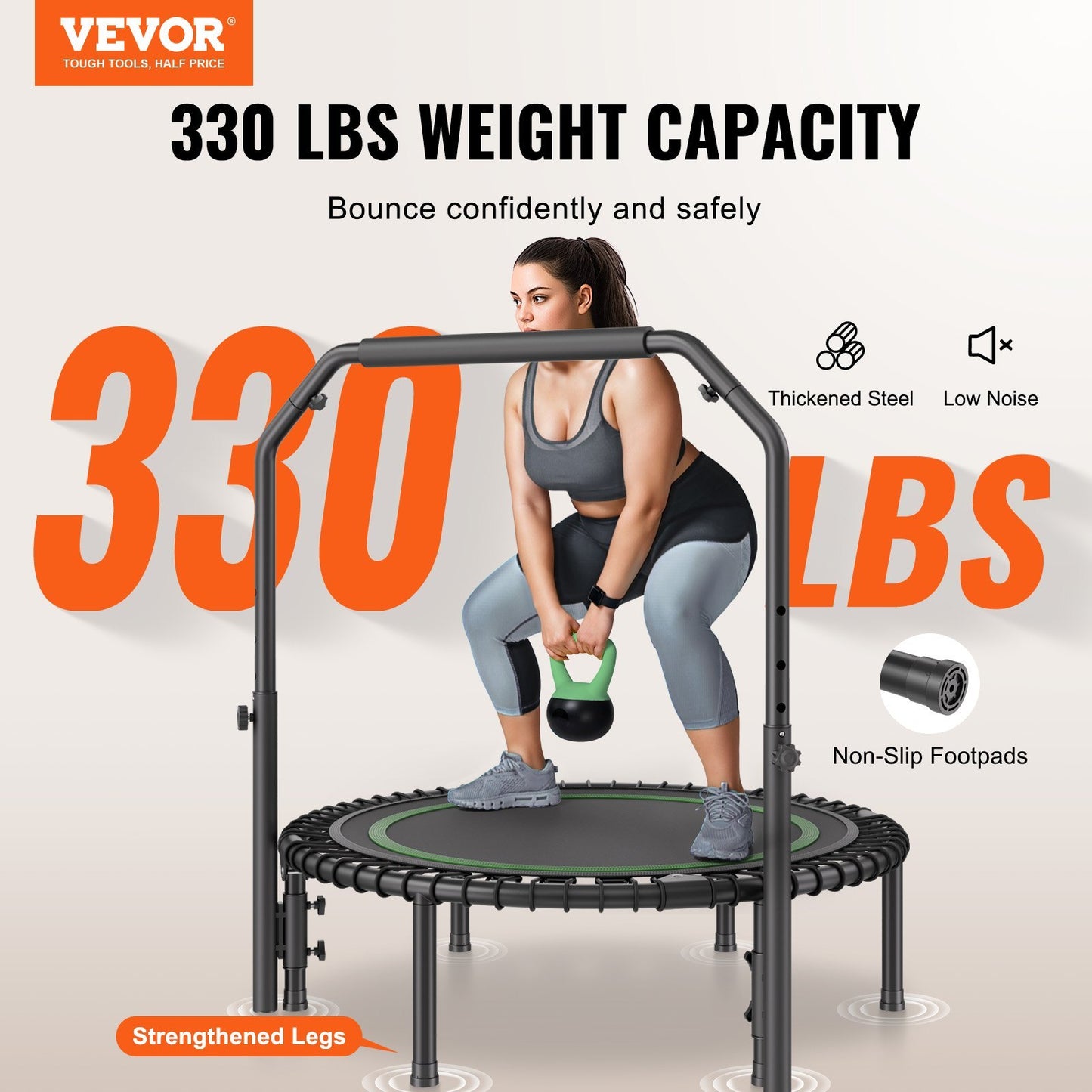 Foldable Mini Trampoline  40 Inch Fitness Rebounder  Max Load 330lbs Exercise Trampoline, Stable & Quiet Trampoline With 4 Level Height Adjustable Foam Handle, For Adults Indoor-Garden Workout