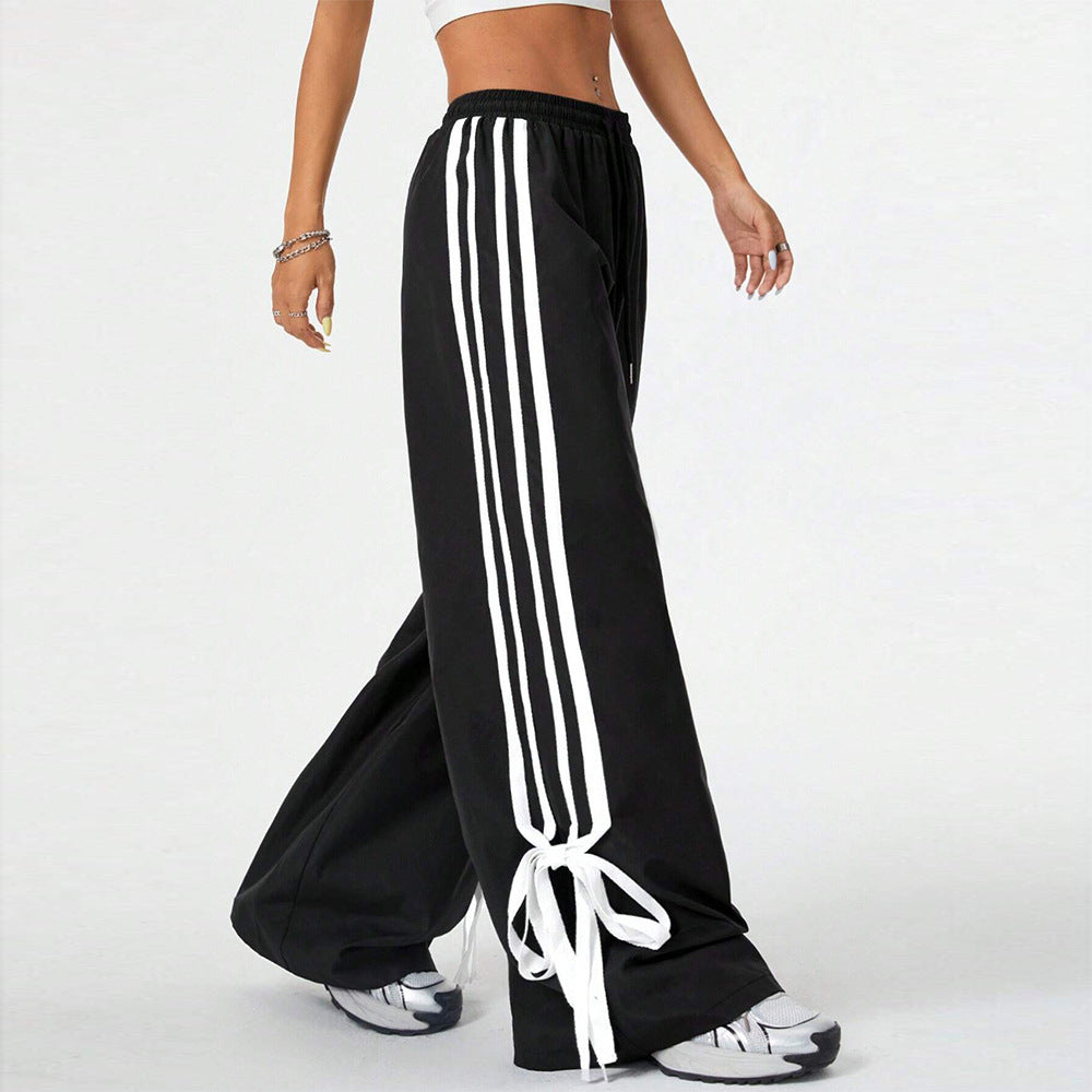 High Waist Wide Leg Pants Women's Spring Summer New Style Three Bars Drawstring Cuffed Straight Casual Extended Sports Trousers