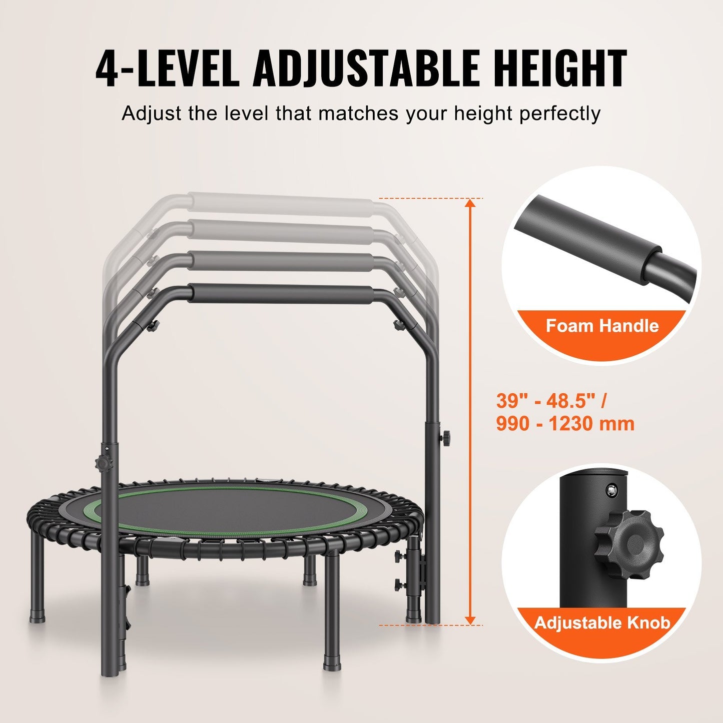 Foldable Mini Trampoline  40 Inch Fitness Rebounder  Max Load 330lbs Exercise Trampoline, Stable & Quiet Trampoline With 4 Level Height Adjustable Foam Handle, For Adults Indoor-Garden Workout