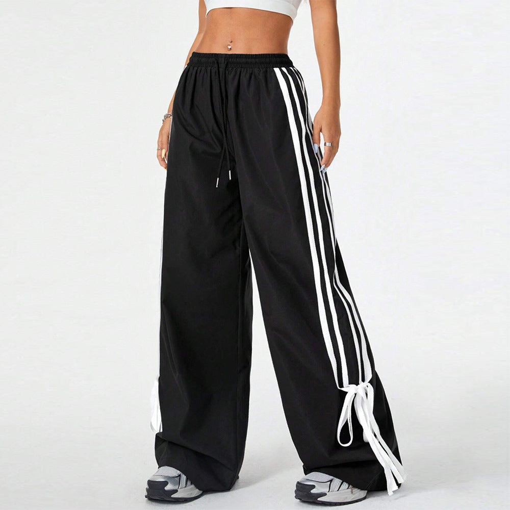 High Waist Wide Leg Pants Women's Spring Summer New Style Three Bars Drawstring Cuffed Straight Casual Extended Sports Trousers