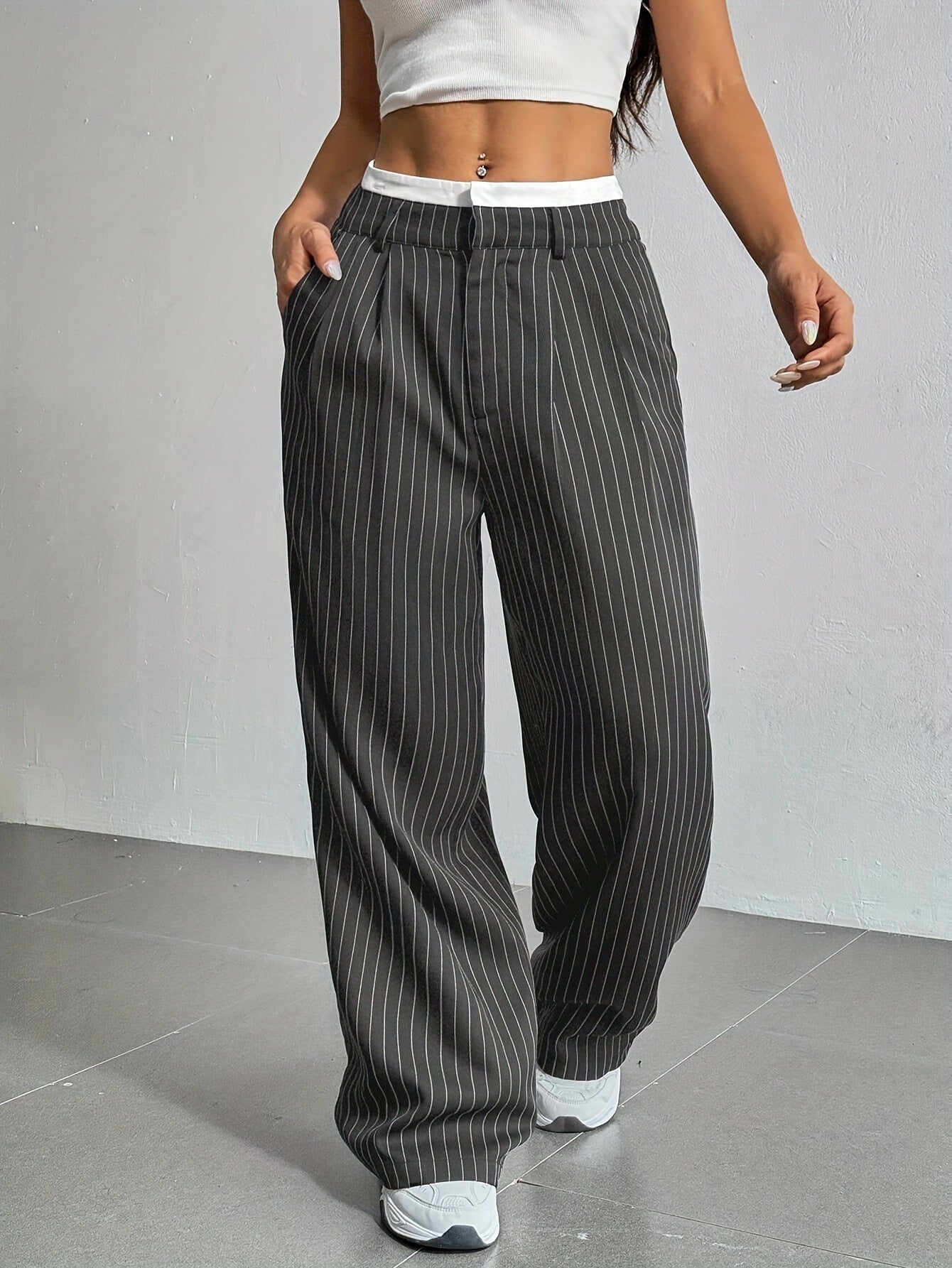 Stripe Printed Trousers Fashion High Waist Straight Leg Pants With Pocket Zipper Casual Suit Pants For Women