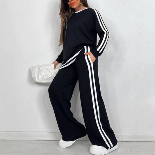 Casual Striped Trousers Long Sleeve Round Neck Suit