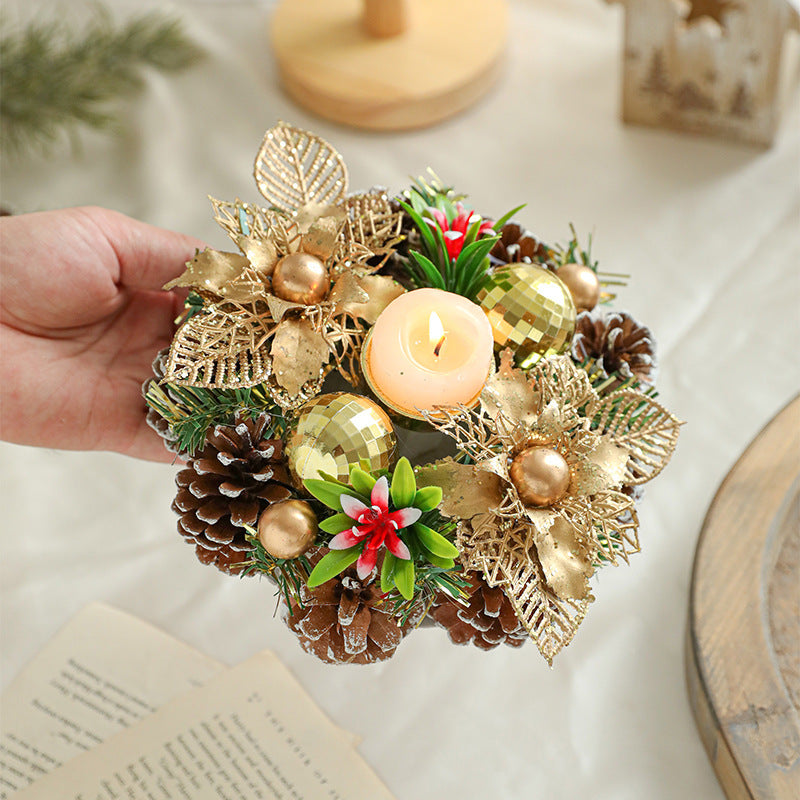 Christmas Candle Metals Candlestick Wreath Artificial Pinball Pinecone Candle Holder Fake Leaves Xmas New Year Home Table Decor